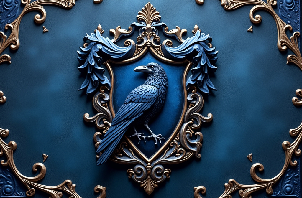 Prompt: (Ravenclaw symbol), intricately designed with ornate details, stunning blue and silver color palette, (majestic) raven perched gracefully, representing wisdom and wit, elegant scrolls and motifs surrounding the emblem, subtly textured background resembling a rich tapestry, high detail, ultra-detailed, (4K), atmospheric with an air of sophistication and intellect.