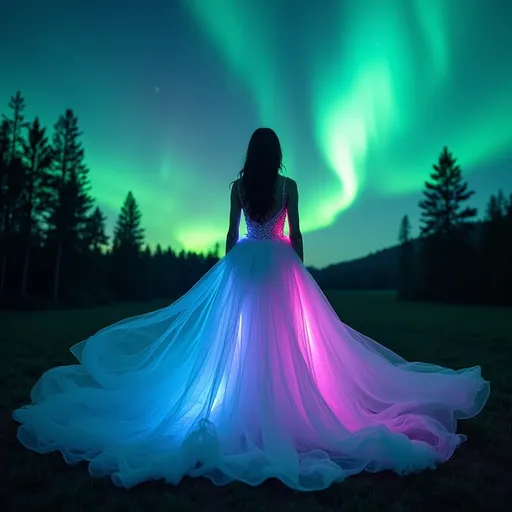 Prompt: (Aurora borealis dress), flowing gown inspired by breathtaking northern lights, with vibrant colors of green, blue, and purple blending beautifully, ethereal fabric flowing as if by wind, stunning forest backdrop under a night sky awash with the aurora's glow, enchanting atmosphere, dreamlike quality, HD, ultra-detailed, cinematic depth.