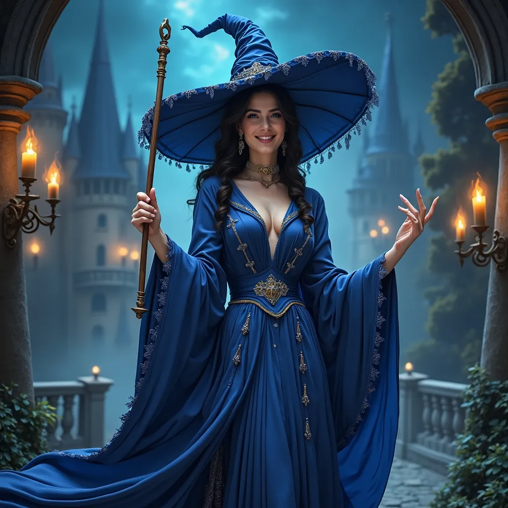 Prompt: Ravenclaw witch, (elegant attire), (flowing robes in blue and silver), holding a wand, (intricate details), (sophisticated and wise expression), ornate background featuring castle towers and the night sky, (mystical ambiance), (enchanting atmosphere), (whimsical elements), (4K), ultra-detailed…