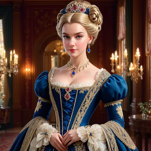 Prompt: (elegant 16th century English woman), historically accurate gown, adorned with intricate lace, lavish sparkling jewelry, historically accurate hairstyle, (soft warm lighting), standing in a beautifully designed parlor, rich color tones, opulent decor, (highly detailed textures), saturated hues, atmospheric elegance, inviting ambiance, (4K ultra-detailed)