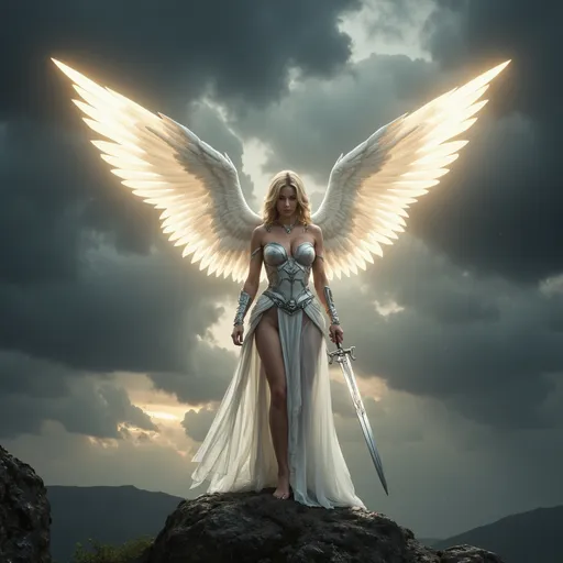 Prompt: Avenging angel, majestic wings spread wide, cloaked in ethereal white and silver tones, surrounded by an aura of vengeance. Ethereal glowing light breaking through dark stormy skies in the background, creating a captivating contrast. Powerful expression, poised stance, holding a shimmering sword, with determination radiating from the figure. 4K ultra-detailed, cinematic atmosphere invoking awe and intensity.