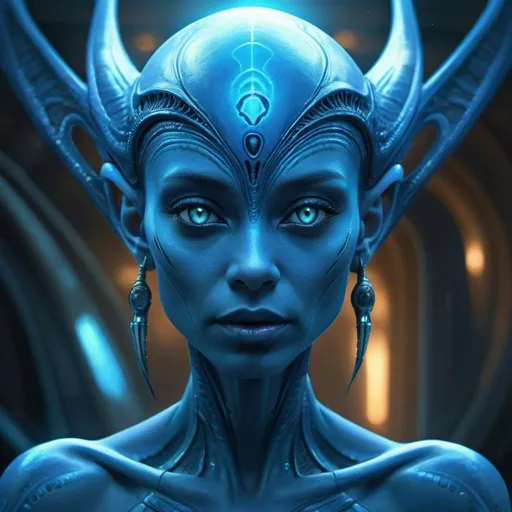 Prompt: Stunning blue alien woman, digital painting, exotic features, vibrant, high quality, sci-fi, fantasy, ethereal lighting, intricate details, surreal beauty