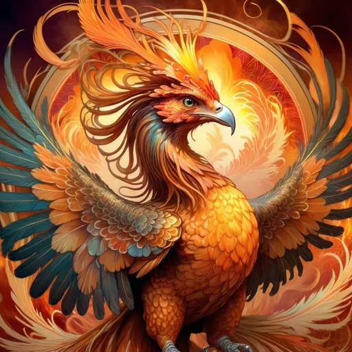 Prompt: (High detailed nature portrait), (majestic phoenix), vibrant fiery colors, intricate feathers blending with glowing embers, ethereal atmosphere enhanced by dramatic lighting, background of swirling flames and smoke creating a dynamic scene, soft golden undertones adding warmth, ultra-detailed, hyper-realistic, photorealistic, capturing the essence of this mythical creature in a breathtaking tableau.