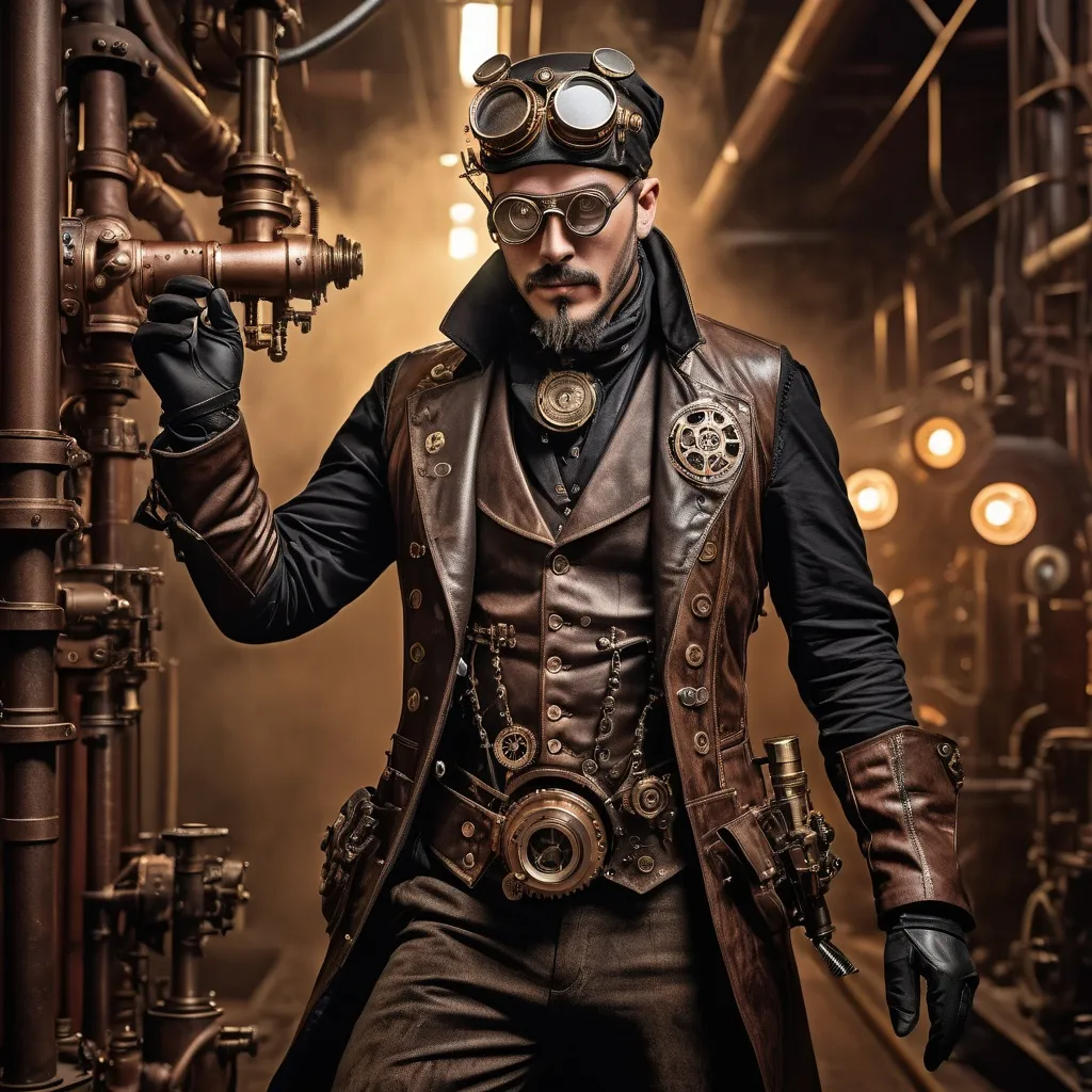 Prompt: Full body detailed action portrait of a steam punk man, detailed face, UHD, intricate steampunk outfit, industrial setting, gritty atmosphere, goggles, mechanical arm, highres, intricate details, steampunk, intense expression, dynamic pose, professional lighting