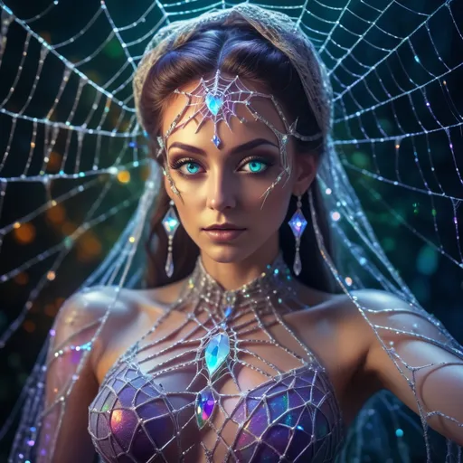 Prompt:  crystal spider goddess , shining iridescent, dressed in an intricate web of translucent crystals, magical glowing eyes, enchanting and mysterious atmosphere, high quality, vibrant colors, ethereal lighting