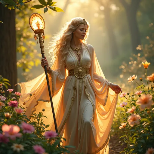 Prompt: Healing warrior priestess, an aura of serenity and strength radiating from her, adorned in flowing robes accented with shimmering symbols of nature. She wields a staff emitting a soft glow, surrounded by an ethereal garden filled with vibrant flora and gentle colors. Warm golden sunlight bathes the scene, creating a magical and calming atmosphere, captured in ultra-detailed 4K.