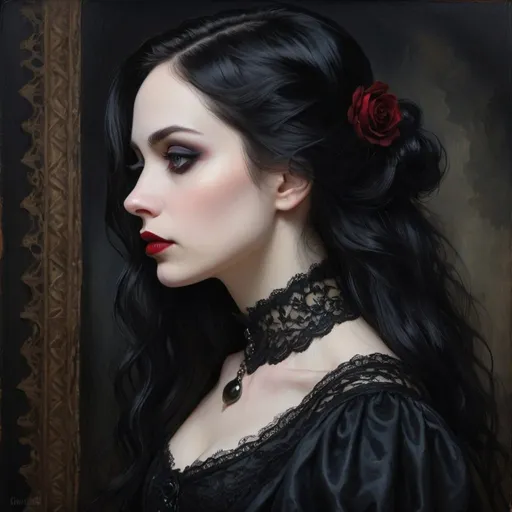Prompt: Profile portrait of a gothic woman, oil painting, flowing black hair, pale skin, intense gaze, red lipstick, dark eyeshadow, elegant Victorian attire, high quality, realistic, gothic, moody lighting, dark tones, detailed lace, atmospheric, haunting beauty, professional
