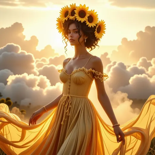 Prompt: (breathtaking Sun goddess), divine radiance, ethereal beauty, majestic presence, golden light illuminating the surroundings, floral crown adorned with sunflowers, flowing gown that resembles sunrays, celestial aura, vibrant colors, warm and inviting, serene expression, surrounded by clouds of warm pastel hues, tranquil atmosphere, sundrenched landscape, high detail, 4K quality.