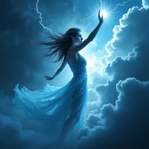 Prompt: Lightening goddess, (ethereal) divine femininity, (mystical lighting), surrounded by stormy clouds, bright flashes of light illuminating her figure, striking poses evoking power and sovereignty, vibrant contrasts of deep blues and electric whites, (ultra-detailed) composition, powerful and fierce expression, embodying freedom and strength amidst the tempest, textured cloudscapes in the background.