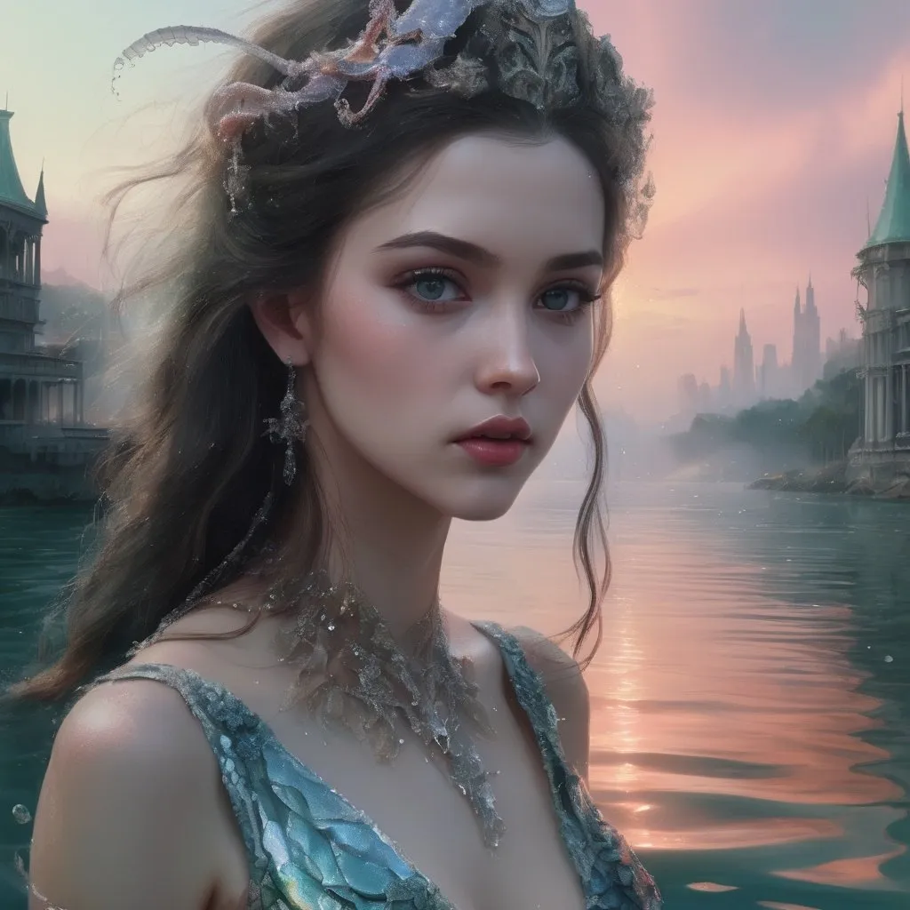 Prompt: Intricately detailed front facing elaborate beautiful mermaid, intricate glistening face, bright eyes, prismatic crystal clear dress, long hair, hyperdetailed painting by Ismail_Inceoglu Tom Bagshaw Dan Witz CGSociety ZBrush Central fantasy art 4K, under water Crystal Palace in background digital painting, digital illustration, extreme detail, digital art, ultra hd, vintage photography, beautiful, tumblr aesthetic, retro vintage style, hd photography, hyperrealism, extreme long shot, telephoto lens, motion blur, wide angle lens, deep depth of field, warm, anime Character Portrait, Symmetrical, Soft Lighting, Reflective Eyes, Pixar Render, Unreal Engine Cinematic Smooth, Intricate Detail, anime Character Design, Unreal Engine, Beautiful, Tumblr Aesthetic,  Hd Photography, Hyperrealism, Beautiful Watercolor Painting, Realistic, Detailed, Painting By Olga Shvartsur, Svetlana Novikova, Fine Art