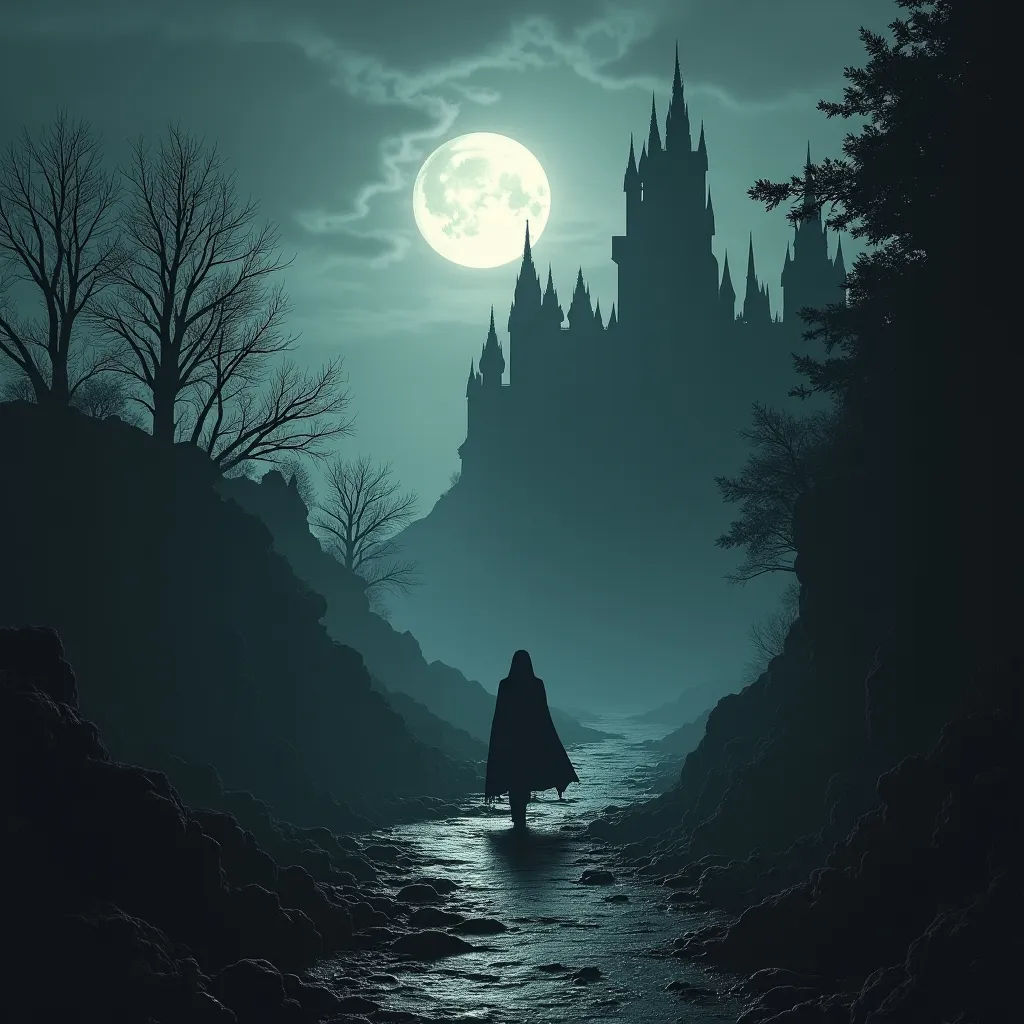 Prompt: (Written in the style of Nosferatu), eerie landscape, (shadowy figure) in a gothic castle, moonlight casting haunting silhouettes, dark contrasts, mysterious ambiance, cold tones, unsettling atmosphere, deep shadows, and foreboding light, cinematic depth, detailed expression of dread, highly detailed, (vintage horror style).