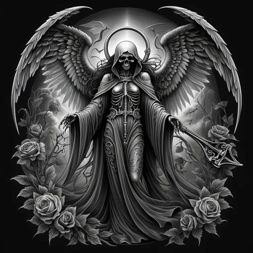 Prompt: Angel of death tattoo flash, (intricate design), dark and ethereal tones, (highly detailed), dramatic symbolism, flowing robes, a scythe, winged figure, mystical aura, (bold outlines), rich textures and shading, captivating yet somber vibe, (black and gray), (4K ultra-detailed).