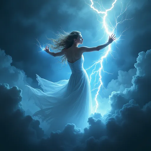 Prompt: Lightening goddess, (ethereal), (mystical lighting), surrounded by stormy clouds, bright flashes of light illuminating her figure, striking poses, vibrant contrasts electric colors, (ultra-detailed) composition, powerful and fierce expression, embodying freedom and strength amidst the tempest, textured cloudscapes in the background.