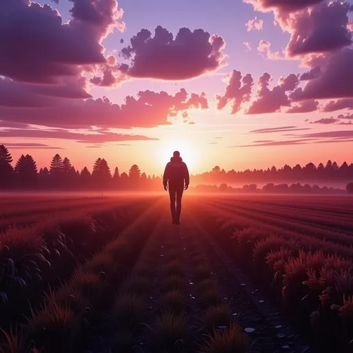 Prompt: (walking towards a distant horizon), a figure silhouetted against a vivid sunset, shadows stretch over vast fields and forest, vibrant colors of orange and purple blend beautifully, a sense of determination and hope in the air, inspiring atmosphere, high depth cinematic masterpiece, 4K, ultra-detailed, capturing the essence of dreams and adventure.