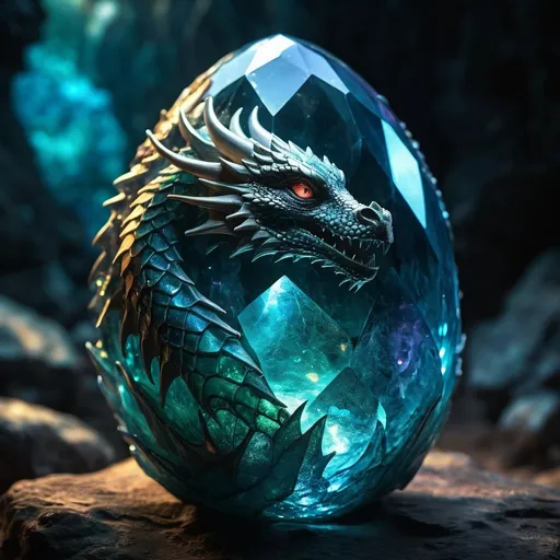 Prompt: (Crystal dragon egg), majestic, glowing with an ethereal light, intricate details, translucent scales with multifaceted reflections, majestic aura, mystical ambiance, vibrant colors, fantasy elements, luminescent highlights, shimmering gems around, enchanted cave setting, otherworldly glow, shadows creating depth, high contrast, ultra-detailed, 4K, mesmerizing, dreamy atmosphere, photographic realism, high dynamic range, visually stunning masterpiece.