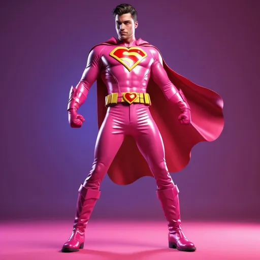 Prompt: Male superhero in vibrant pink uniform, red heart emblem on chest, matching gloves, belt, and boots, high-quality 4k rendering, comic book style, vibrant colors, dynamic pose, dramatic lighting