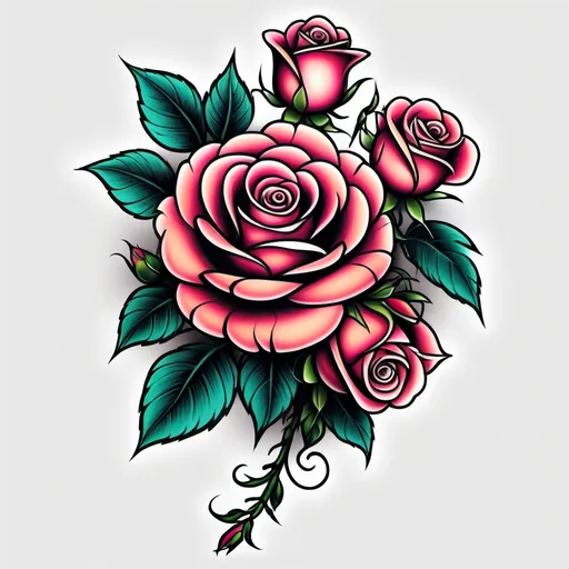 Prompt: (vibrant) Rose bouquet tattoo flash for back, intricate details, captivating blooms, black ink outlines, textures of petals, hatching, skilled artistry, (distinctive design), bold colors, timeless elegance, minimalist layout, dynamic composition, ideal for tattoo enthusiasts, HD quality, unique aesthetic, showcasing creativity and passion for body art.