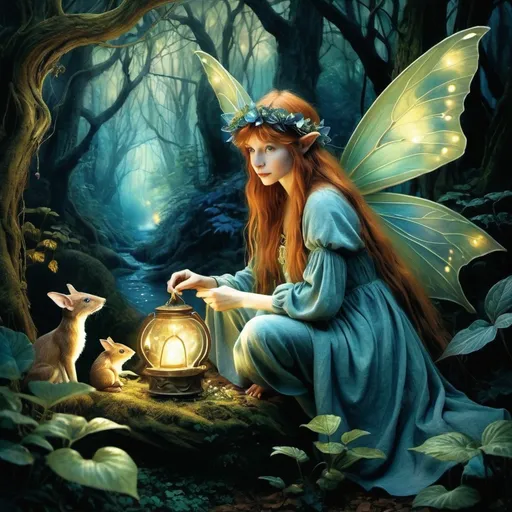 Prompt: (Fairy) Brian Froud style, mystical creatures, enchanting forest backdrop, whimsical atmosphere, vibrant colors, elaborate details, delicate textures, warm and inviting lighting, ethereal vibes, high fantasy elements, nature intertwined with magic, imaginative design, stunning composition, ultra-detailed, magical realism, captivating visuals.