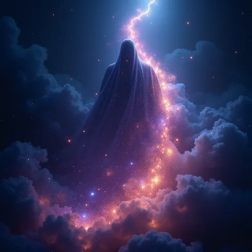 Prompt: A cloak of (infinite starlight), shimmering with celestial sparkles, draping gracefully like a waterfall of light, (ethereal glow) illuminating the surrounding space, vibrant cosmic colors blending seamlessly, rich navy and deep violet tones, set against a backdrop of (vast universe), countless stars twinkling, evoking a sense of cosmic wonder, (highly detailed), captivating depth and luminescence.