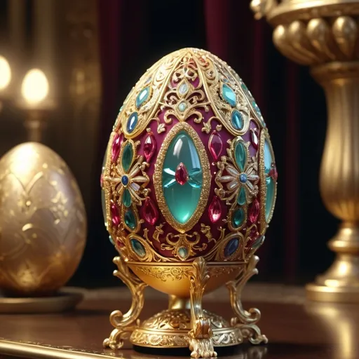 Prompt: (bejeweled egg), intricately detailed, shimmering gemstones, golden filigree, highly ornate design, soft warm lighting, enchanting and luxurious atmosphere, radiant color tones, finely crafted textures, elegant and majestic, luxurious, captivating focus, ultra-detailed, 4K quality, high depth, cinematic masterpiece.