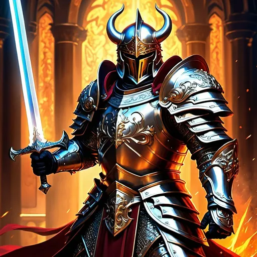 Prompt: Armored male paladin with sword killing a demon, HD, digital painting, extremely detailed, determined expression, regal stance, ornate armor, intricate sword detail, majestic atmosphere, rich and vibrant colors, dramatic lighting, powerful presence