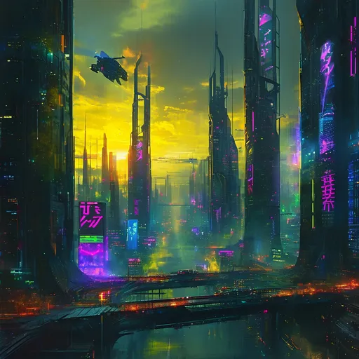 Prompt: (Dystopian futuristic cityscape), sprawling skyline, (yellow, blue, green, purple neon lights), (holographic advertisements), flying cars, (dark, moody atmosphere), (futuristic architecture), rich contrast, shadowy undertones, (4K ultra-detailed), cinematic lighting, atmospheric perspective, vibrant colors amidst darkness, immersive and chilling vibe, intricate details in architecture.