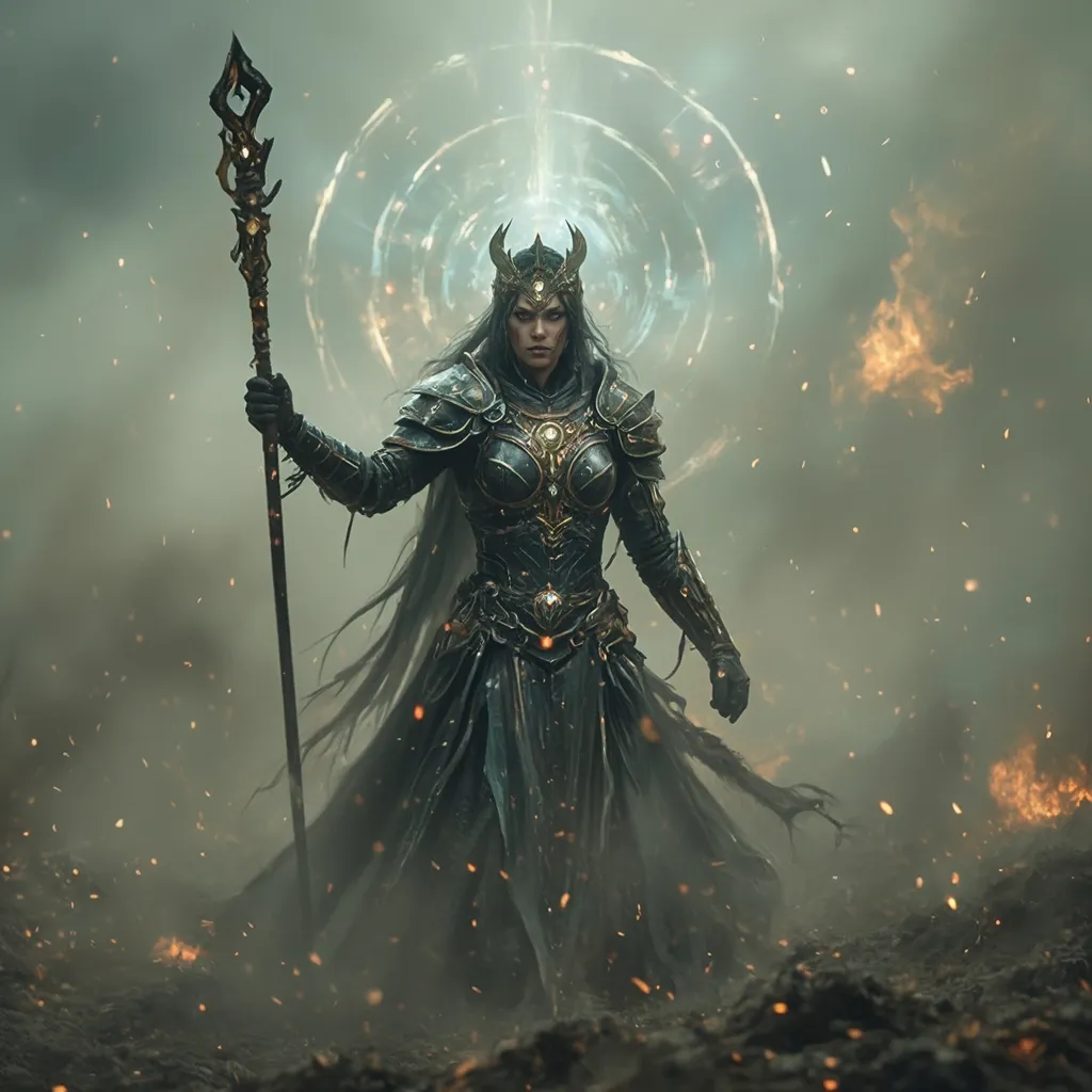 Prompt: Healing warrior priestess in battle, fierce and determined expression, wearing intricately designed armor adorned with sacred symbols, holding a glowing staff radiating healing energy. Surroundings portray a chaotic battlefield filled with swirling dust and faint mystical energies, creating a strong atmosphere of resilience. Ultra-detailed, cinematic lighting emphasizes her divine aura while maintaining a sense of urgency and hope, high quality 4k, photorealistic 