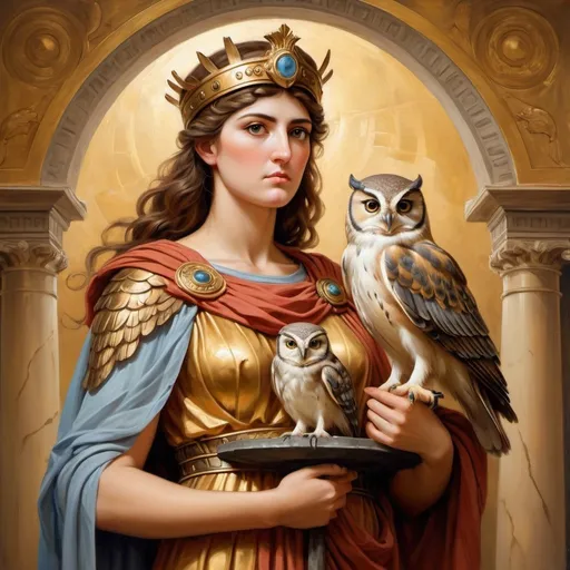 Prompt: Goddess Athena with a little owl, oil painting, majestic and wise portrayal, vibrant and regal colors, intricate details, high quality, classical art style, warm tones and soft lighting, detailed facial features, golden armor and elegant robes, ancient Greek mythology