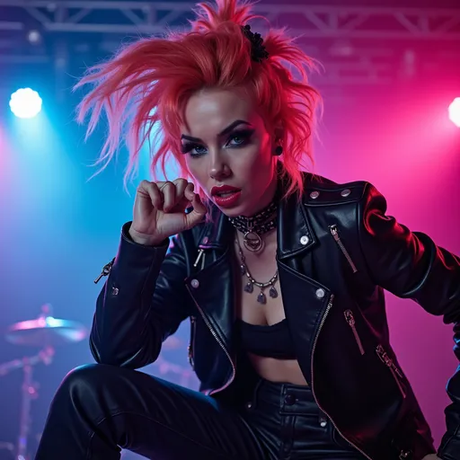 Prompt: (punk rock girl performance), edgy style, (dynamic pose), vibrant colors, bold hair, expressive makeup, rebellious attitude, dramatic lighting, energetic atmosphere, cool tones, (high energy), captivating expression, stylish clothing, concert backdrop, ultra-detailed, 4K.