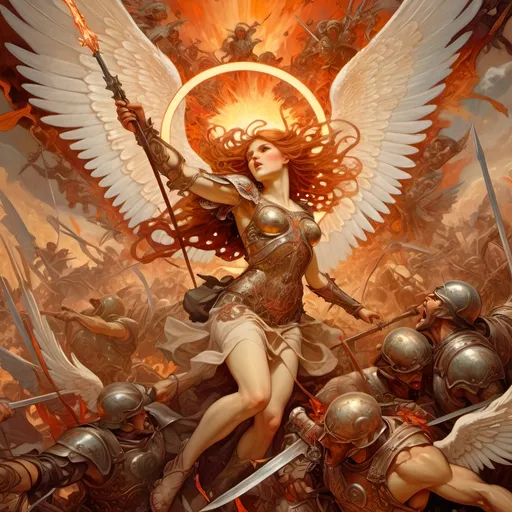Prompt: War angel battling demonic horde, oil painting, intense action, angelic wings spread wide, detailed armor with intricate engravings, fiery battlefield, high contrast, dynamic lighting, epic battle scene, high quality, oil painting, intense action, detailed armor, fiery battlefield, epic battle scene, dynamic lighting, high contrast