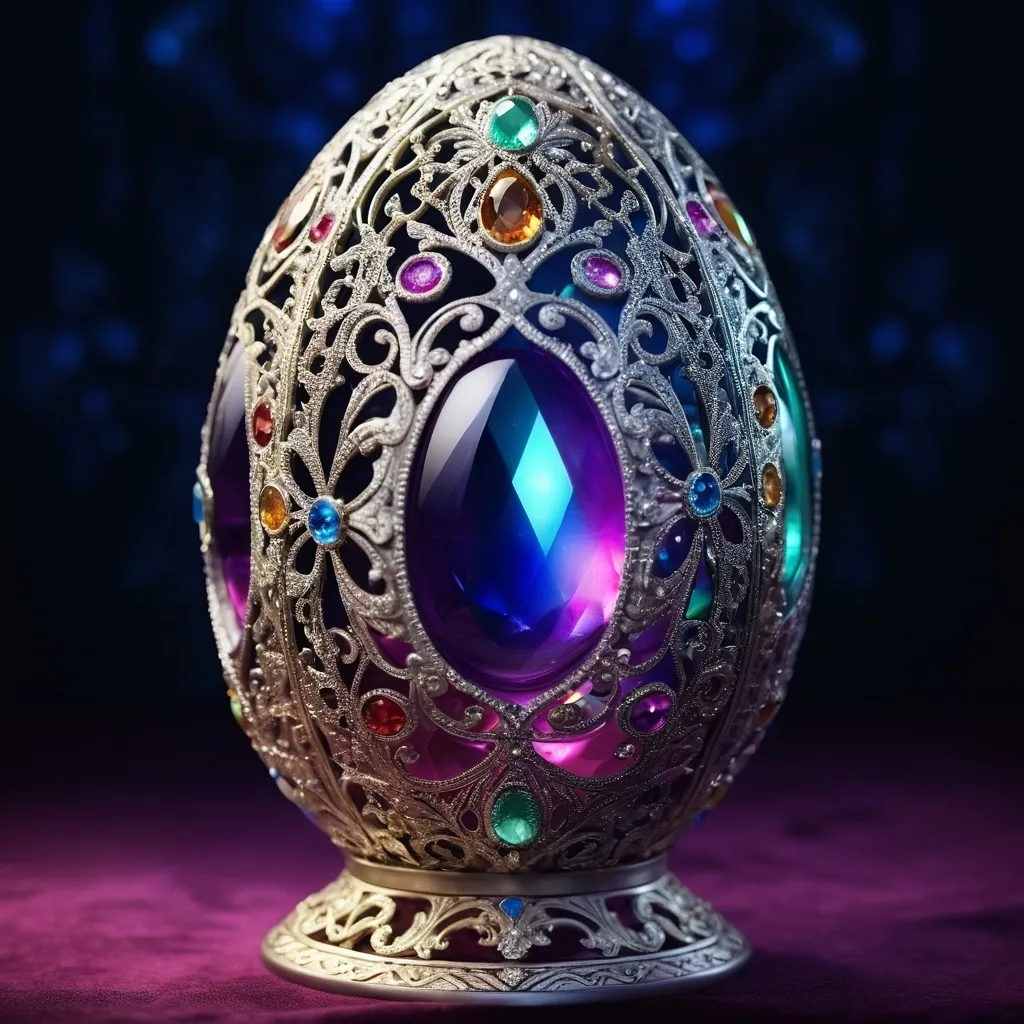 Prompt: (bejeweled egg), intricately detailed, shimmering gemstones, 
Silver filigree, highly ornate design, enchanting and luxurious atmosphere, radiant jewel tones, finely crafted textures, elegant and majestic, luxurious, captivating focus, ultra-detailed, 4K quality, high depth, cinematic masterpiece.