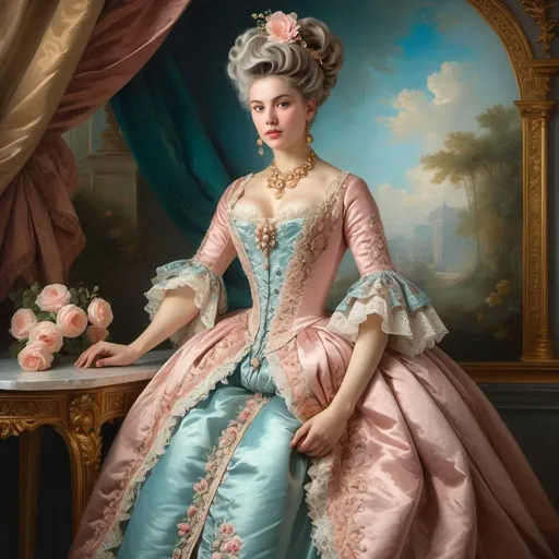 Prompt: Full body Rococo era portrait of a woman, oil painting, luxurious clothing, elaborate hairstyle, ornate jewelry, soft pastel colors, soft and diffused lighting, high quality, detailed brushwork, elegant and refined, opulent setting, intricate lace details, classic beauty, historical art, Rococo style, delicate features, aristocratic charm