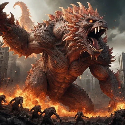 Prompt: Primordial monsters attacking, massive scales and claws, fiery and destructive, epic battle, highres, ultra-detailed, apocalyptic, monstrous, chaotic, fiery, towering, destructive