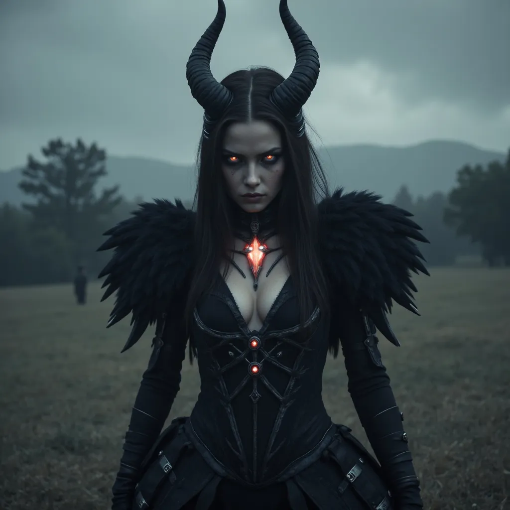 Prompt: (dark and foreboding goddess of death), (ominous atmosphere), intricate dark attire, haunting presence, eerie glow, sharp features with a chilling expression, misty landscape background, enigmatic aura, depth, and detail, (highly detailed), (4K) resolution, cinematic lighting.