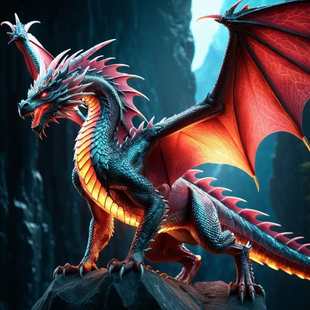 Prompt: Ruby crystalline dragon, realistic 3D rendering, majestic and powerful pose, intricate details, high quality, fantasy, cool tones, detailed scales, glowing eyes, large wingspan, ethereal atmosphere, mystical lighting