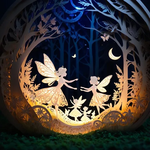 Prompt: (dancing fairies), (whimsical atmosphere), magical glimmers, soft glowing lights, (enchanted forest), vibrant colors, delicate wings fluttering, ethereal vibe, graceful poses, surrounded by flowers and sparkling dust, enchanting moonlight filtering through trees, dreamy ambiance, high detail, 4K, captivating and joyful scene, vivid portrayal of whimsy and fantasy.