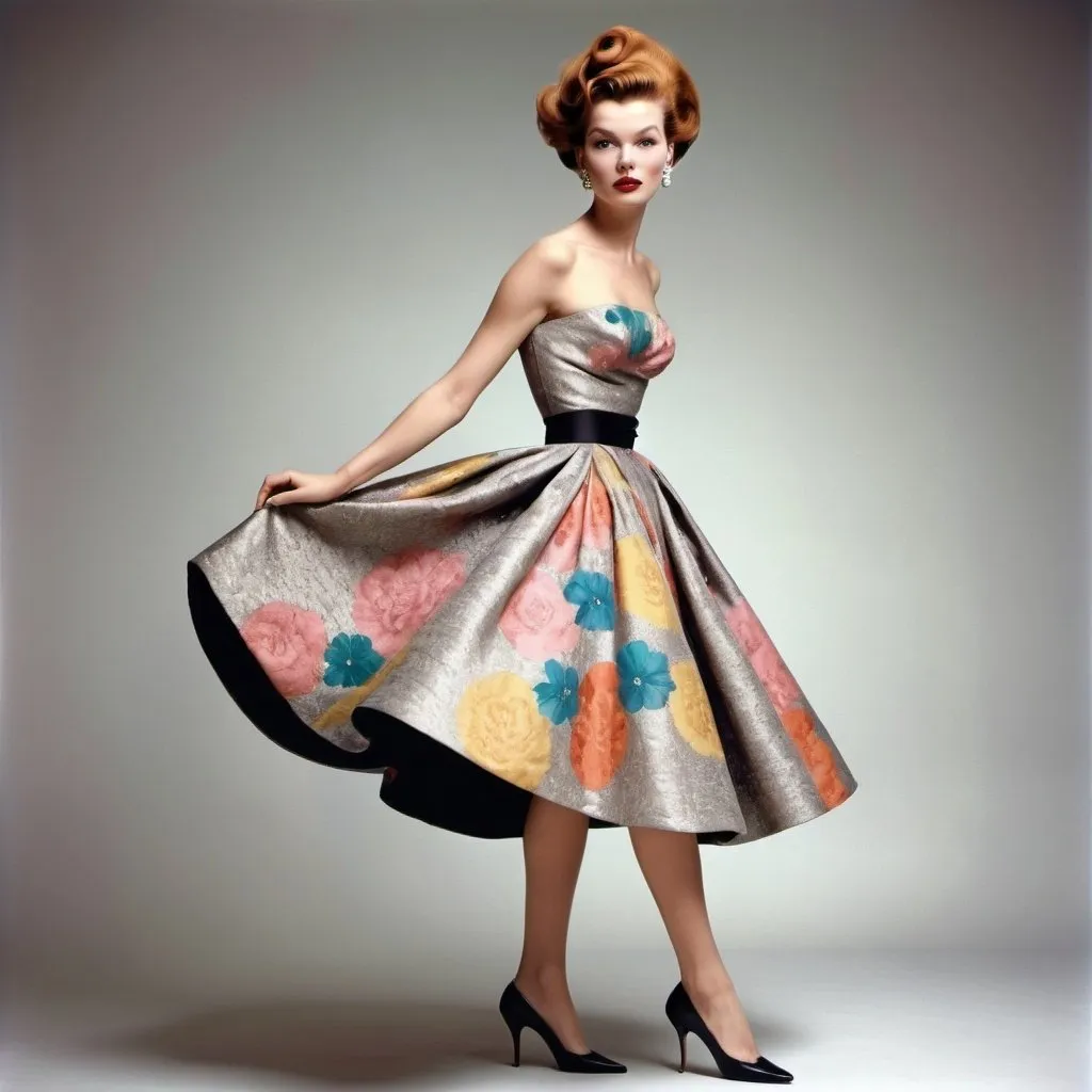 Prompt:  model in a 1950s haute couture outfit, retro hair style, elegant and sophisticated, full body pose, high heels, luxurious fabric with rich textures, colorful, high-end fashion photography, Richard Avedon