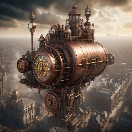 Prompt: Airship soaring above a clockwork city, steampunk aesthetic, intricate gears and cogs, brass and copper materials, industrial Victorian style, detailed metalwork, smoky atmosphere, towering skyscrapers, epic aerial view, highres, steampunk, detailed gears, atmospheric lighting, Victorian style, industrial materials, smoky atmosphere, epic aerial view