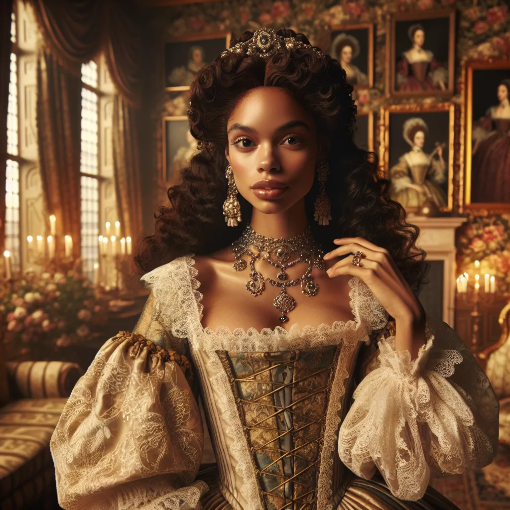 Prompt: Elizabethan era biracial woman, elegantly dressed in historically accurate gowns adorned with lace, historically accurate hair and makeup,  jewelry sparkling under soft, warm lighting, standing in a sumptuously designed parlor; the background features plush furniture and ornate wallpaper with floral patterns, atmosphere is romantic and nostalgic, rich color tones, high detail, 4K quality.