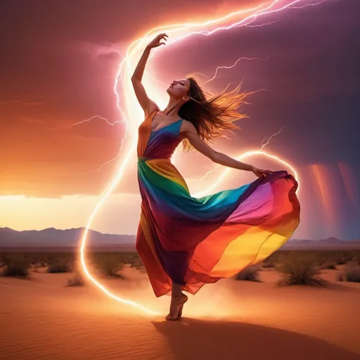 Prompt: Woman dancing in desert,Rainbow lightning, vibrant sunset, high quality, digital art, desert landscape, flowing movements, dynamic pose, surreal, warm tones, vibrant colors, artistic lighting
