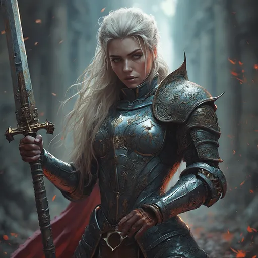 Prompt: (warrior princess), fierce expression, dramatic pose, (intricate armor), shining metallic details, high contrast lighting, (epic atmosphere), vibrant colors, ultra-detailed, heroism depicted, medieval fantasy theme, enchanting glow from mystical elements.