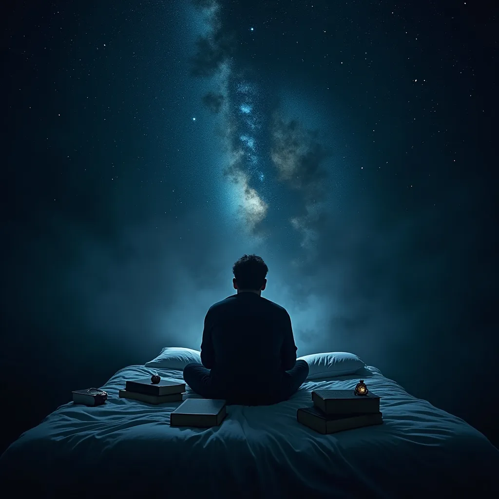 Prompt: (dark and moody), (insomnia theme), vast night sky filled with stars, ethereal and haunting ambiance, shadowy figure sitting on a bed, surrounded by scattered books and clocks, representing time standing still, deep blues and blacks contrasted with subtle silver hues, high contrast, ultra-detailed, emotional depth reflecting struggle and solitude, capturing the essence of sleepless nights.