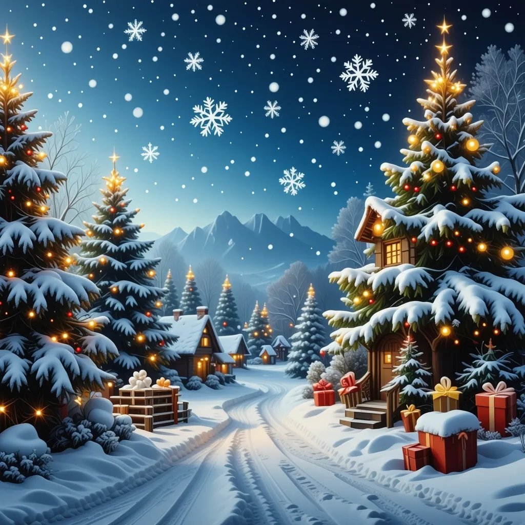 Prompt: (Christmas card design), intricate snowflakes, cozy winter scene with falling snow, a cheerful holiday ambiance, stunning visual elements that convey warmth and joy, ultra-detailed, pleasing composition, high-quality greeting card illustration, inviting atmosphere