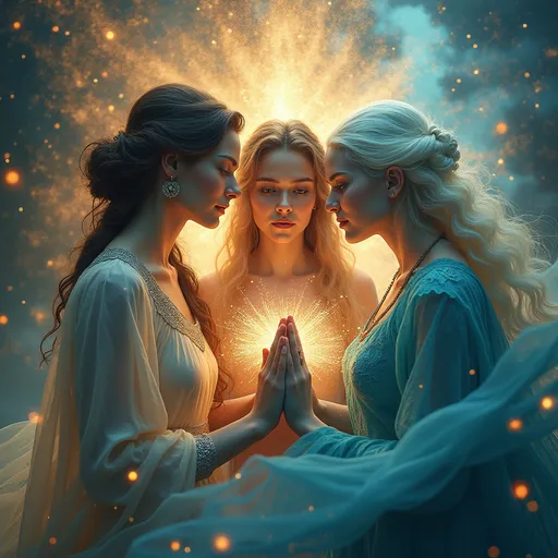 Prompt: (three female mystical figures) one young, one middle aged, and one old, weaving destinies, ethereal ambiance, enchanting light, vibrant cosmic colors, swirling stardust, intricate patterns, dramatic expressions, detailed garments flowing, celestial background, misty haze, imaginative artistry, depth and richness, (highly detailed), (ultra-realistic), compelling visuals, evoking awe and wonder, ambiance of mystery, divine interconnectedness, classic mythological influence, (HD)