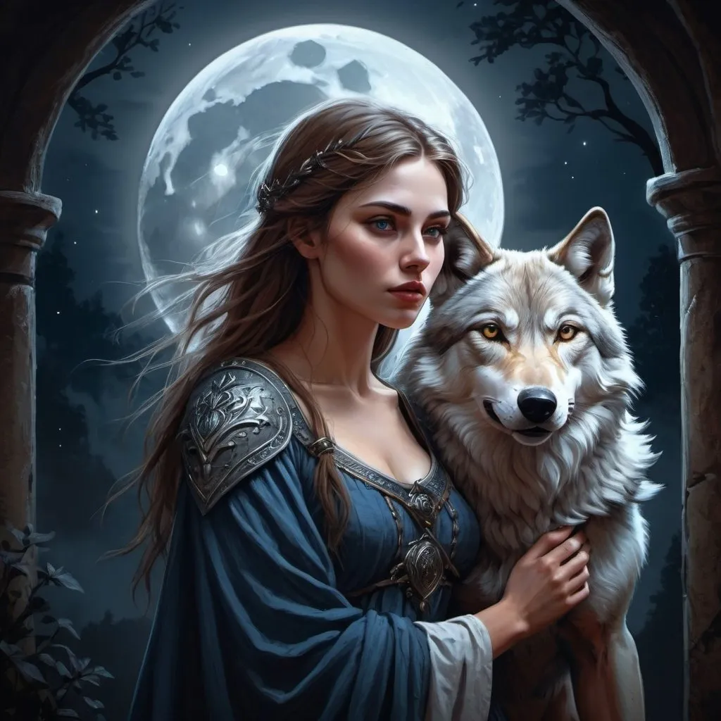 Prompt: Detailed digital painting of a maiden with a wolf protector, medieval fantasy setting, mystical ambiance, moonlit night, high quality, intricate design, professional, atmospheric lighting