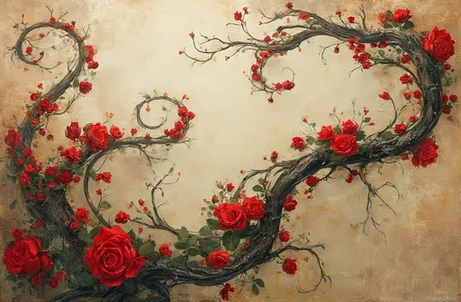 Prompt: Swirling vines and red roses