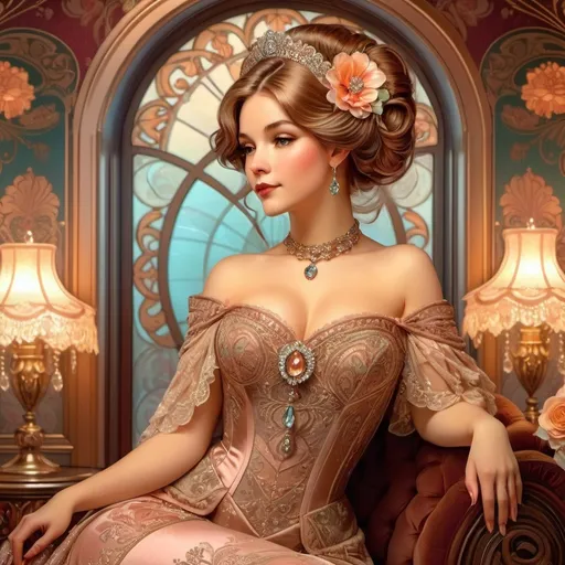 Prompt: (Victorian lady), elegantly dressed in intricate layered gowns, adorned with lace and frills, vintage jewelry sparkling under soft, warm lighting, standing in a lavishly designed parlor; the background features plush furniture and ornate wallpaper with floral patterns, atmosphere is romantic and nostalgic, rich color tones, high detail, 4K quality.