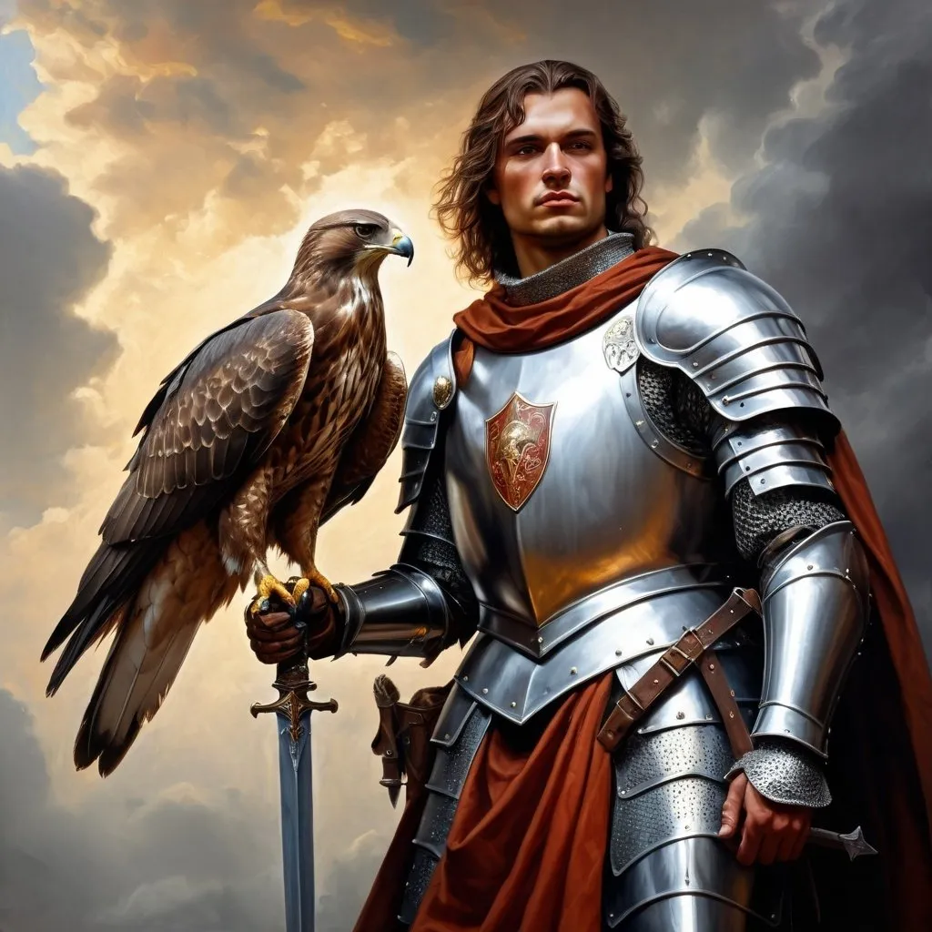 Prompt: A noble knight with a majestic hawk protector, oil painting, medieval fantasy, dramatic lighting, detailed armor and weapons 