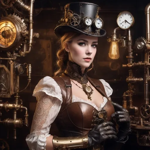 Prompt: Steampunk woman, detailed mechanical arm, Victorian attire, industrial setting, intricate gears and cogs, high-quality, vintage, brass tones, atmospheric lighting, Victorian era fashion, detailed facial features, leather corset, brass accessories, steam-powered machinery, atmospheric, industrial, highres, detailed, steampunk, Victorian, brass tones, mechanical arm, vintage fashion, atmospheric lighting