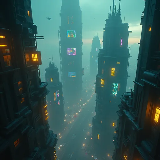 Prompt: (Dystopian futuristic cityscape), sprawling skyline, (yellow, blue, green, purple neon lights), (holographic advertisements), flying cars, (dark, moody atmosphere), (futuristic architecture), rich contrast, shadowy undertones, (4K ultra-detailed), cinematic lighting, atmospheric perspective, vibrant colors amidst darkness, immersive and chilling vibe, intricate details in architecture.